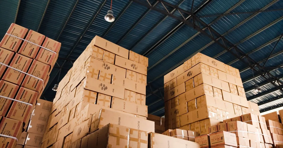 Hautes piles de boîtes en carton organisées dans un entrepôt avec un plafond métallique bleu.